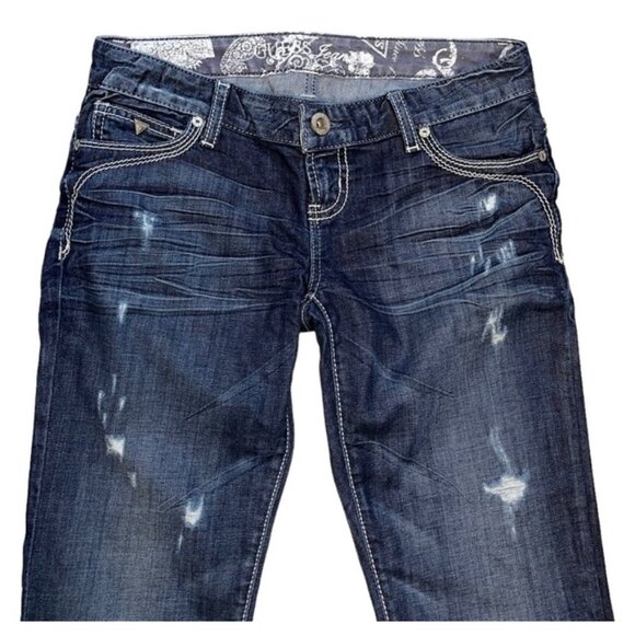 (23943) Guess Jeans Women's Bootcut Jeans Size 3 Dark Wash Distressed Stretch - Picture 2 of 6